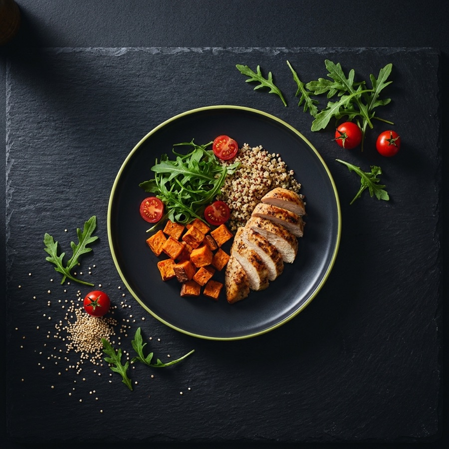 Grilled chicken with quinoa, roasted sweet potato and rocket