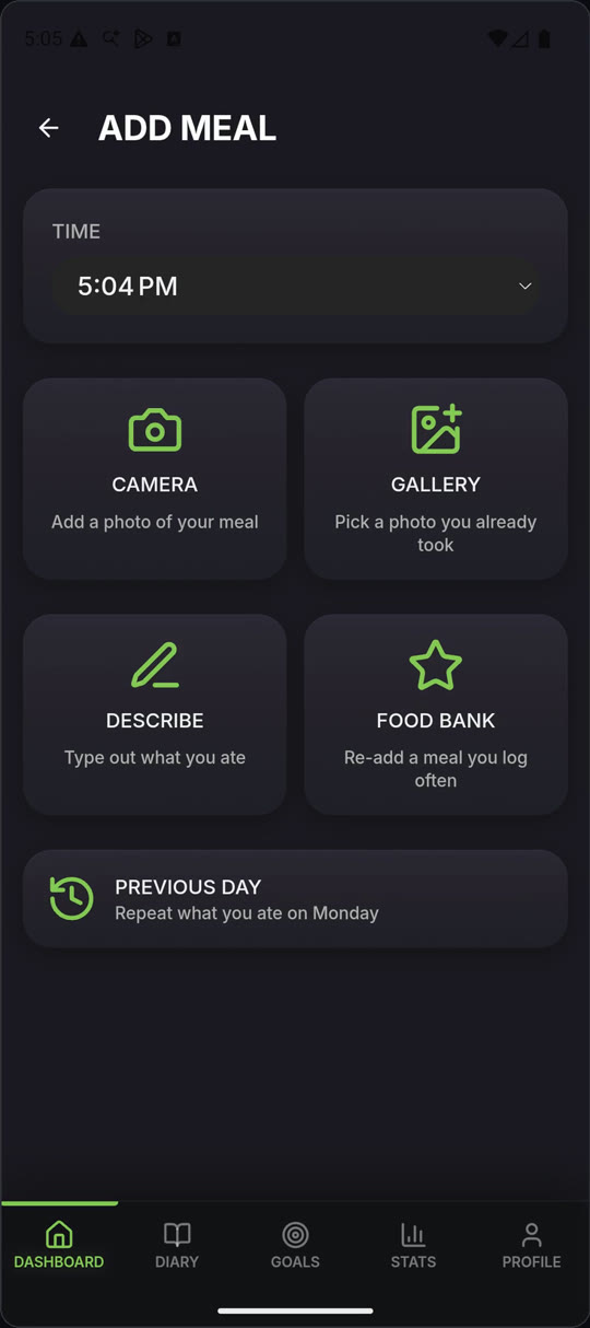 The FITXP Add Meal screen, with five ways to log a meal: camera, gallery, describe, food bank and previous day