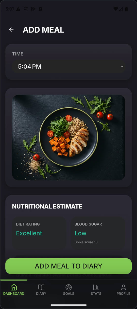 A meal photo with its nutritional estimate: diet rating Excellent, blood sugar Low, spike score 18